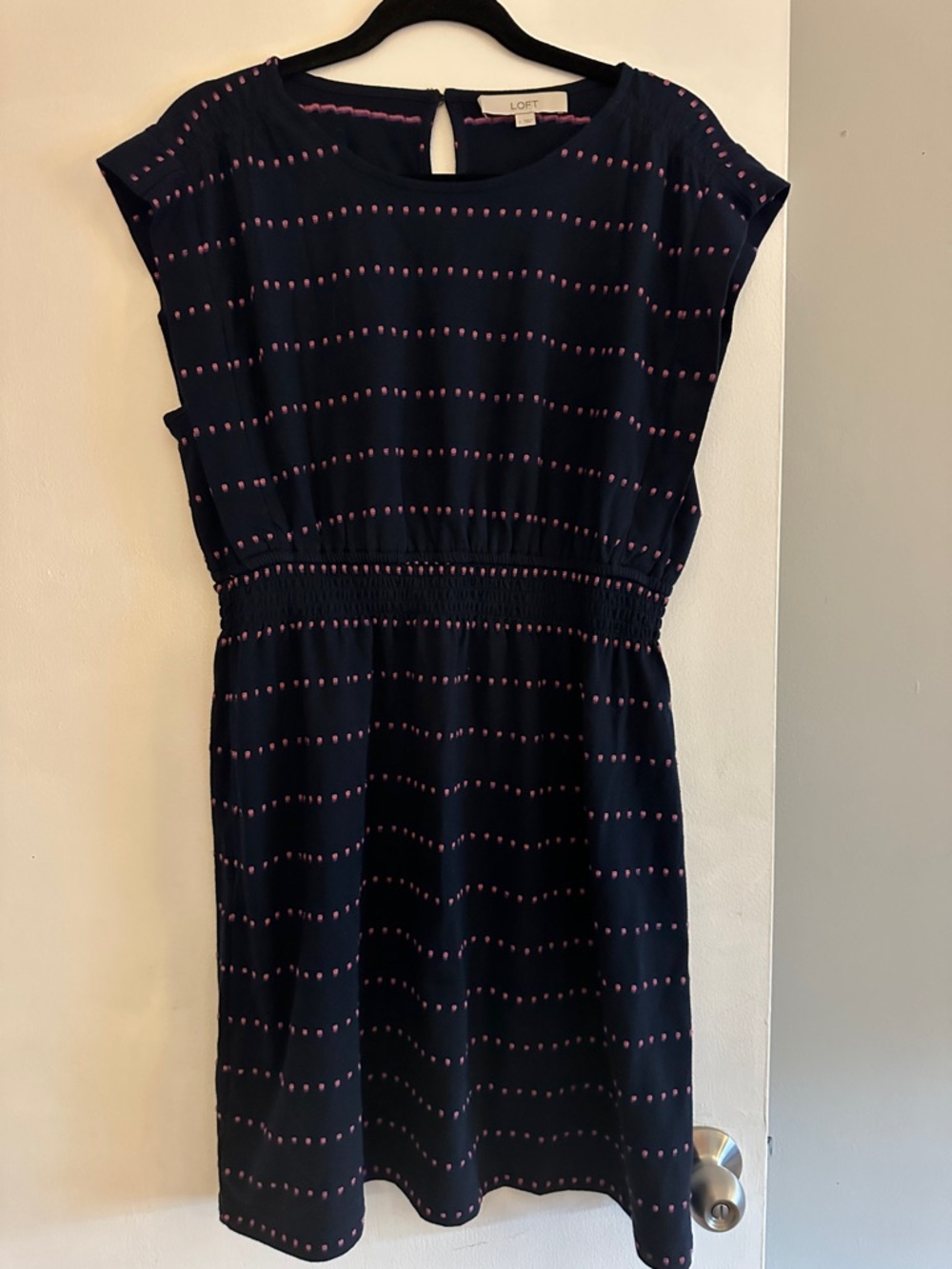 LOFT Navy Dress with Pink Dot Stripe Pattern